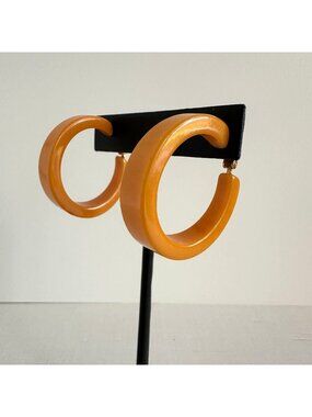Orange Bakelite Large Hoop Clip Earrings, 1940s Statement Costume Jewelry